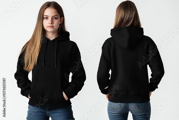 Obraz A young girl wears a plain black hoodie, front and back, for a hoodie design mock up