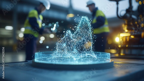 Fototapeta Engineers analyzing holographic geological model in futuristic industrial setting, showcasing innovation and teamwork