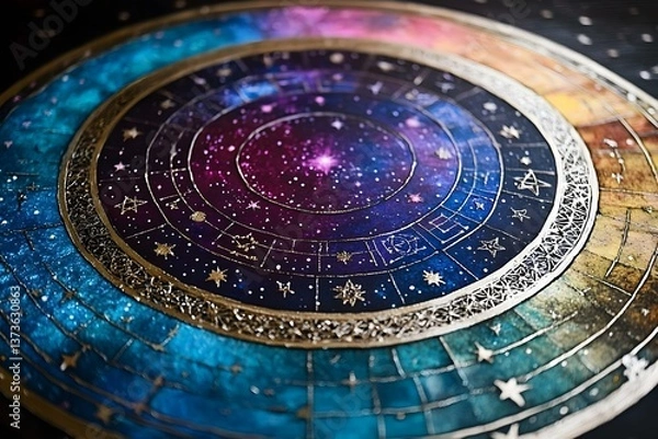 Obraz A colorful celestial map or astrological chart with intricate patterns, stars, and a galaxy background. Concept Celestial Map Design, Astrological Chart Art, Intricate Star Patterns