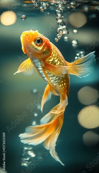 Fototapeta A golden fish ascends through shimmering water, bubbles trailing in its wake.  Graceful fins and scales gleam.