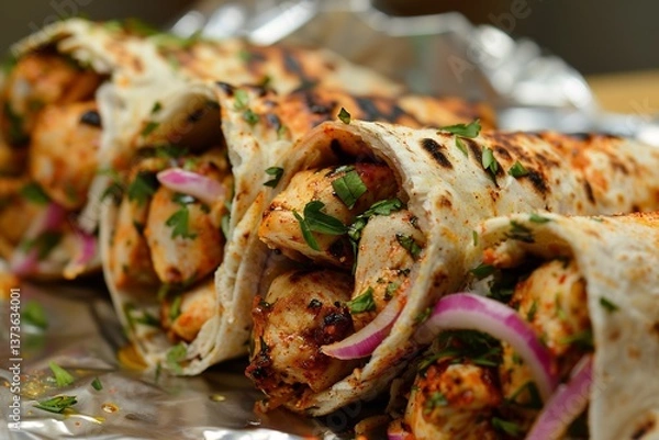 Fototapeta Palestinian musakhan wrap with chicken, sumac onions and bread, rolled and
