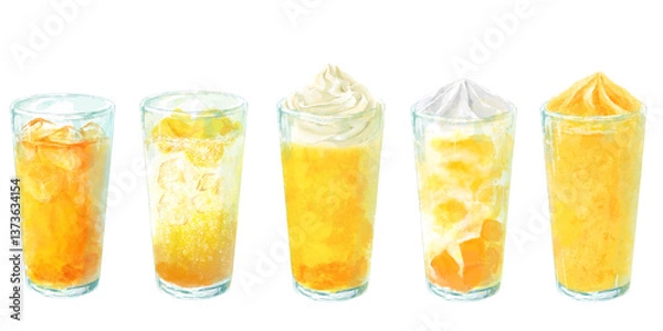 Obraz マンゴー系ドリンクの水彩イラストのセット