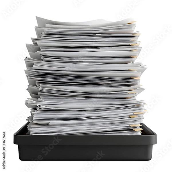 Fototapeta A large stack of white papers overflowing from a black tray against a black background