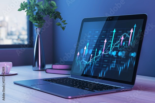 Obraz Financial stock market analysis on laptop screen in modern office desk setup. 3D Rendering