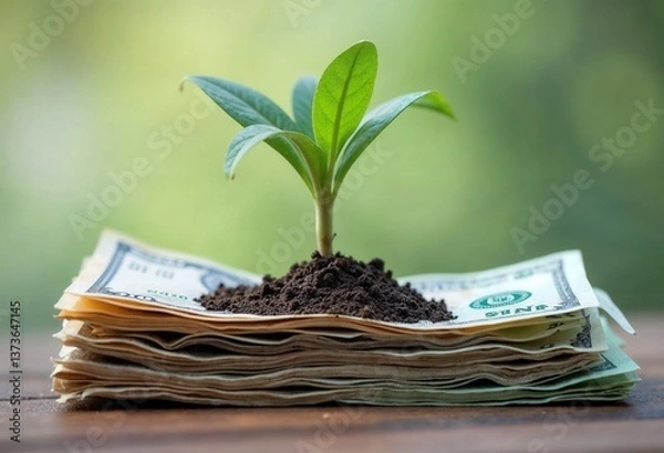 Obraz Investment in Growth Represented by a Plant Growing on Money