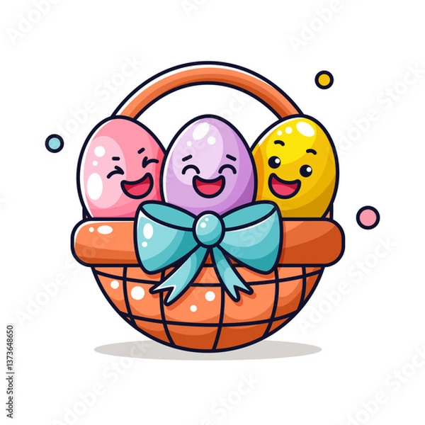 Fototapeta basket with easter eggs in kawaii style, vector illustration