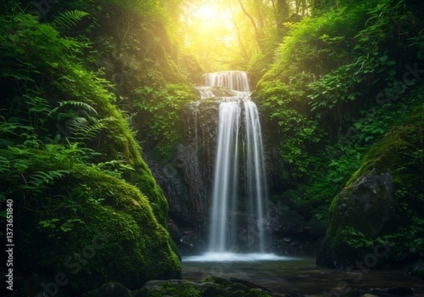 Fototapeta 緑深き森の滝 黄金の光が優しく降り注ぐ