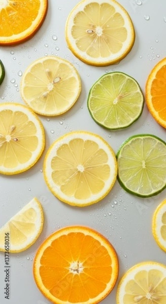 Fototapeta Fresh citrus slices with water drops on light gray surface