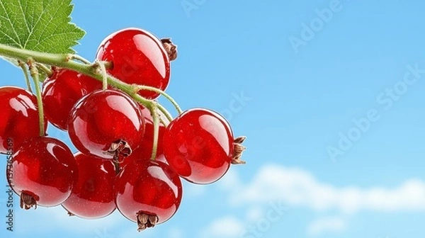 Fototapeta Glistening Red Currants on a Branch Against a Blue Sky