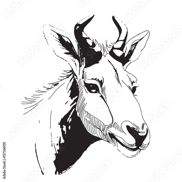 Obraz Black and white illustration of antelope head close up sketch. Vector illustration