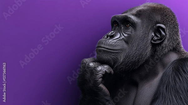Obraz thoughtful gorilla on purple background, showcasing curiosity