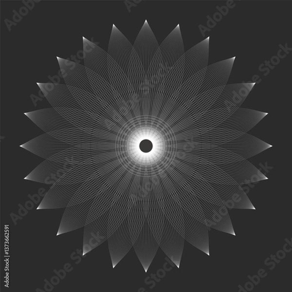 Fototapeta Abstract line art floral pattern. Design geometric element. Spirograph abstract vector element. White vector linear flower isolated on black background.