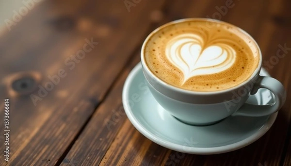 Fototapeta Close up of heart latte art on natural wood background, warm drink, drink, close up, coffee