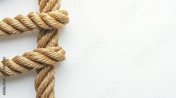 Fototapeta Business concept of idea, cooperation, teamwork and creative solution Close-up of twisted natural rope on white background.