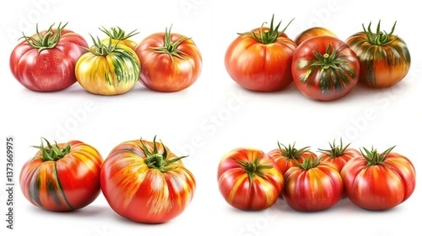 Fototapeta Colorful heirloom tomatoes, red, yellow, green stripes, isolated on white background.
