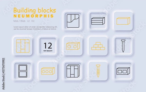 Fototapeta Building blocks set icon. Brick, structure, tile, screw, nail, modular elements, construction, pattern, layout, architecture, block design, assembly
