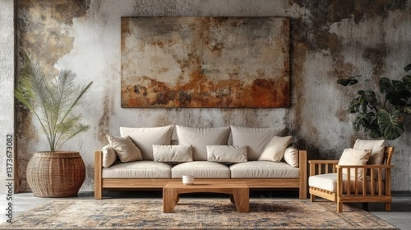 Fototapeta Living room showcases modern furniture against a textured wall
