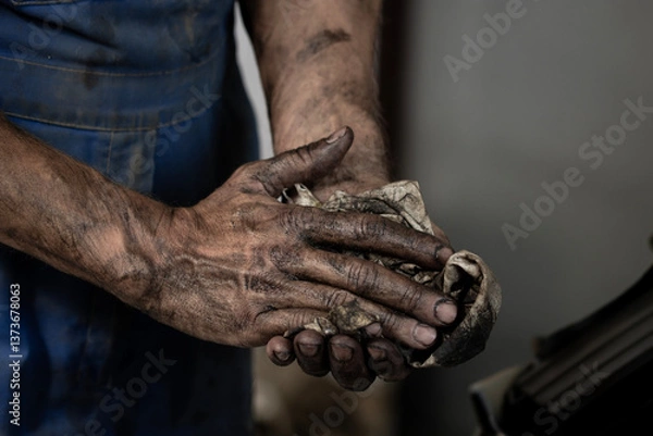 Fototapeta Close-up of dirty male hands. A man wipes his hands on a rag after working in the garage.