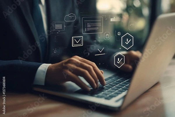 Fototapeta Businessman Typing on Laptop with Data Icons Overlay Business Concept