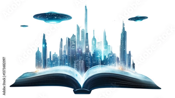 Obraz Futuristic City Emerging from an Open Book with UFOs, Science Fiction Concept