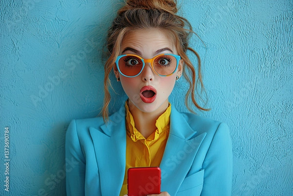 Obraz woman, age 20, wearing blue suit and tie red with lines blue, with sunglasses colorfull a red smartphone, and a surprised expression 