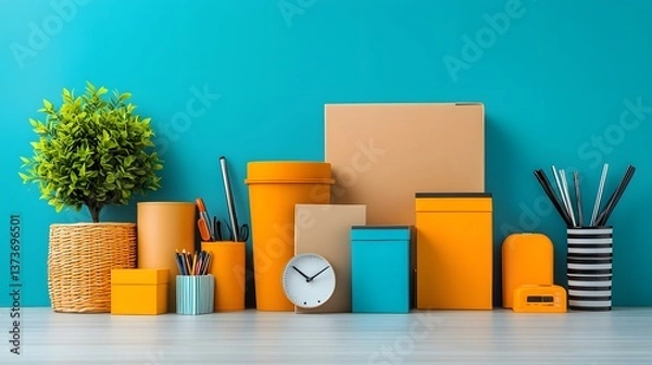 Obraz Overhead view of an assortment of diverse storage containers including cardboard wicker and metal neatly displayed on a light wooden table