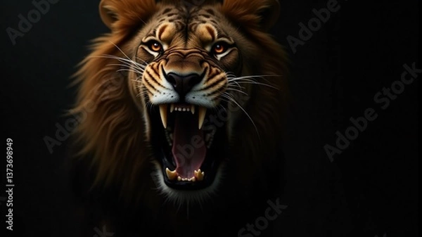 Fototapeta A close-up of a roaring lion with sharp teeth and a dark background