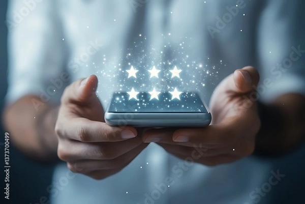 Fototapeta Five Shining Stars Displayed on Mobile Phone Held By LightSkinned Hands