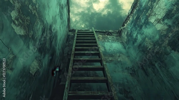 Fototapeta Rustic wooden ladder leading to cloudy sky in abandoned structure