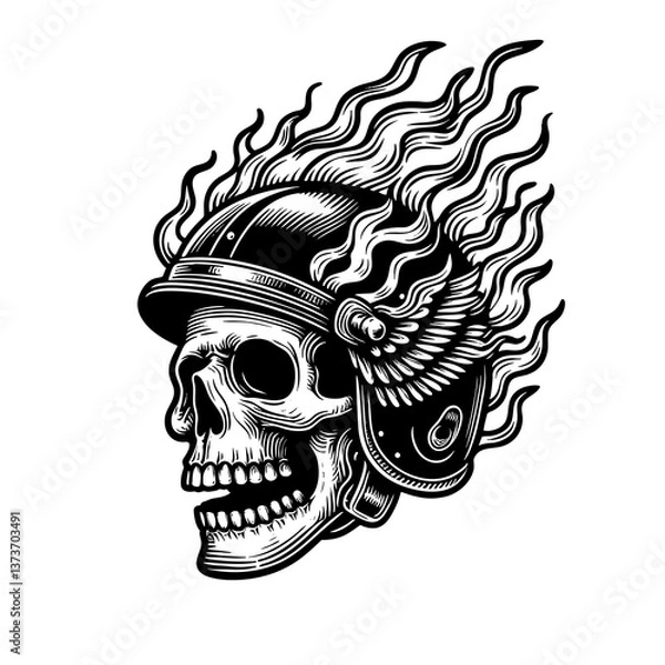 Fototapeta skull wearing a winged warrior helmet, engulfed in stylized flames, evoking power and rebellion engraving generative ai sketch PNG illustration