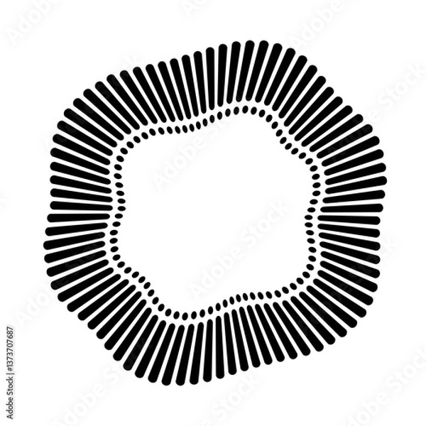 Fototapeta Abstract circular frame. Radial black concentric particles. Ring of short thin rays and dots with wavy silhouette isolated white background. Infographic element. Organic form. Vector illustration.