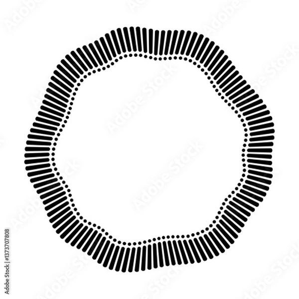 Fototapeta Abstract circular frame. Radial black concentric particles. Ring of short thin rays and dots with wavy silhouette isolated white background. Infographic element. Organic form. Vector illustration.