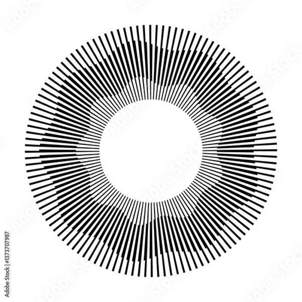 Fototapeta Circular frame. Round shape. Radial concentric lines. Black ring of short thin rays with wavy silhouette isolated white background. Design element. Sound wave. Sun ray. Vector illustration.