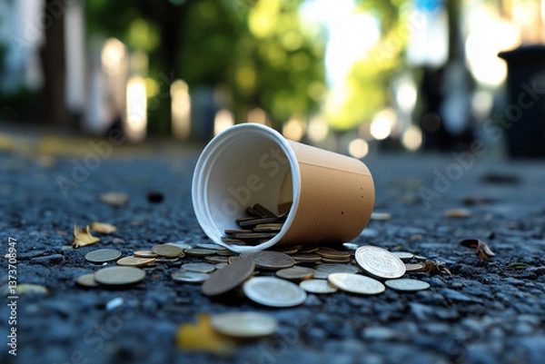 Fototapeta cup with coins on the ground
