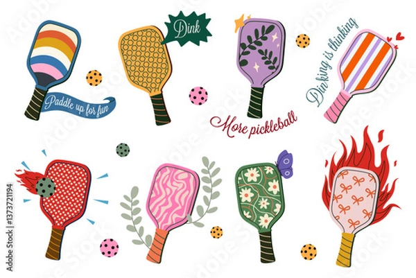 Obraz Collection of cute minimalist illustrations of pickleball rackets with different designs and patterns, phrases related to pickleball. Vector illustrations
