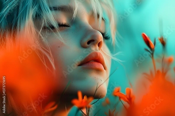 Obraz Serene open meadow teeming with colorful blooms and lush flora embracing whimsical non binary individuals in peaceful communion with the ethereal transcendent beauty of nature
