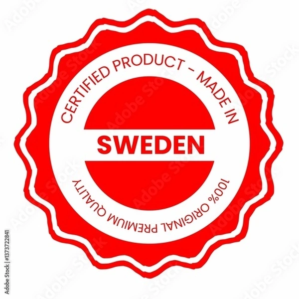 Obraz This is a pixel design illustrating the concept of country stamps for certified products made in Sweden, symbolizing authenticity, quality assurance, and national branding.