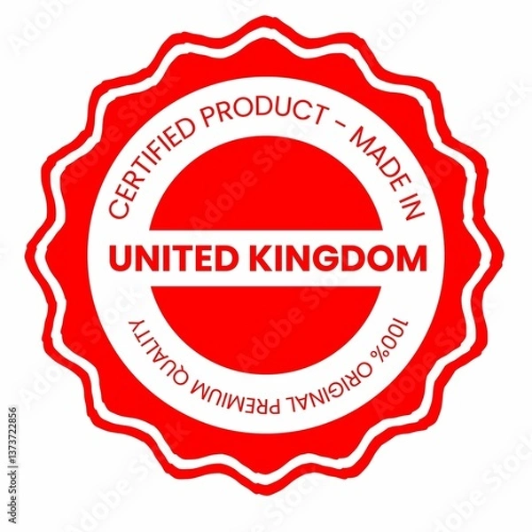 Obraz This is a pixel design illustrating the concept of country stamps for certified products made in United Kingdom, symbolizing authenticity, quality assurance, and national branding.