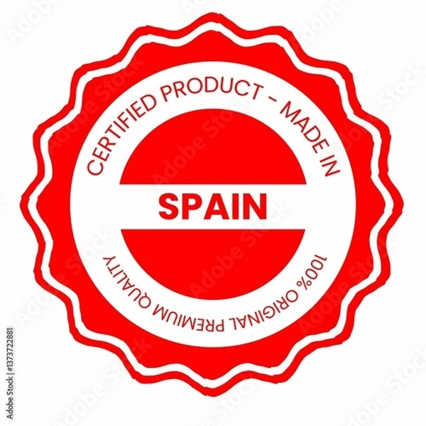 Obraz This is a pixel design illustrating the concept of country stamps for certified products made in Spain, symbolizing authenticity, quality assurance, and national branding.