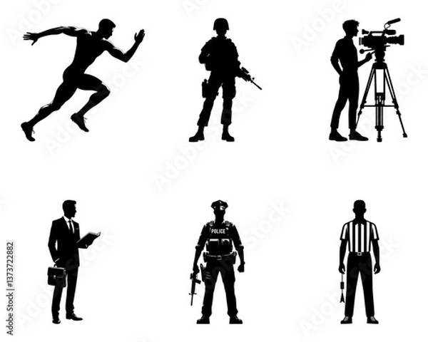 Fototapeta Set of silhouettes of different professions man on a white background. Vector illustration.