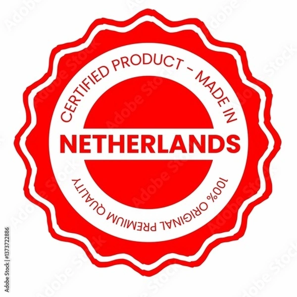 Obraz This is a pixel design illustrating the concept of country stamps for certified products made in Netherlands, symbolizing authenticity, quality assurance, and national branding.