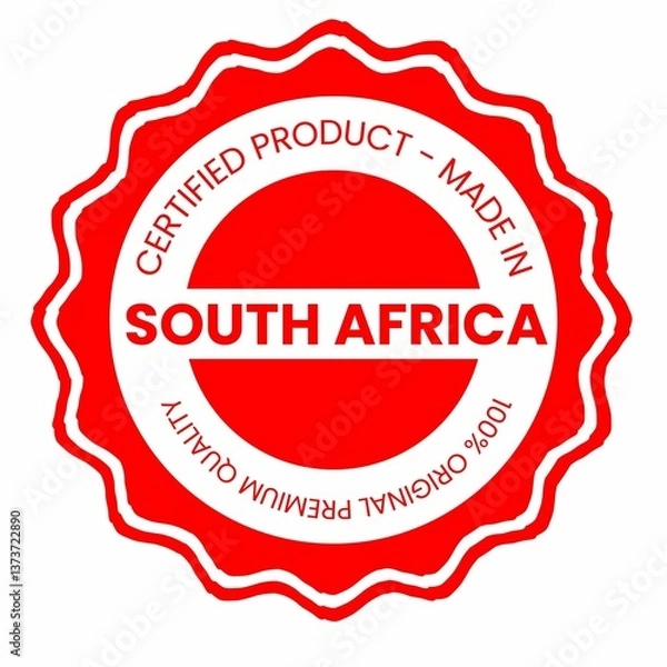 Obraz This is a pixel design illustrating the concept of country stamps for certified products made in South Africa. These stamps symbolize authenticity, quality assurance, and national branding.