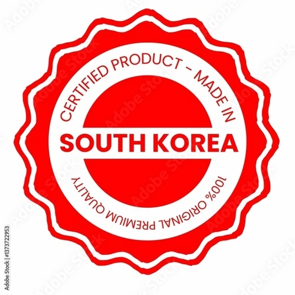 Obraz This is a pixel design illustrating the concept of country stamps for certified products made in South Korea, symbolizing authenticity, quality assurance, and national branding.