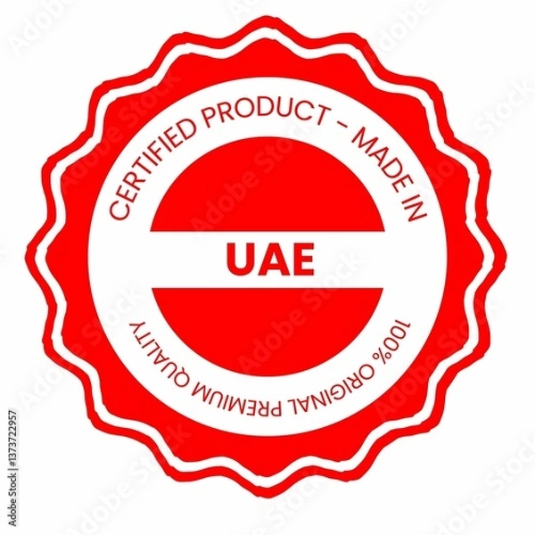 Obraz This is a pixel design illustrating the concept of country stamps for certified products made in UAE, symbolizing authenticity, quality assurance, and national branding.
