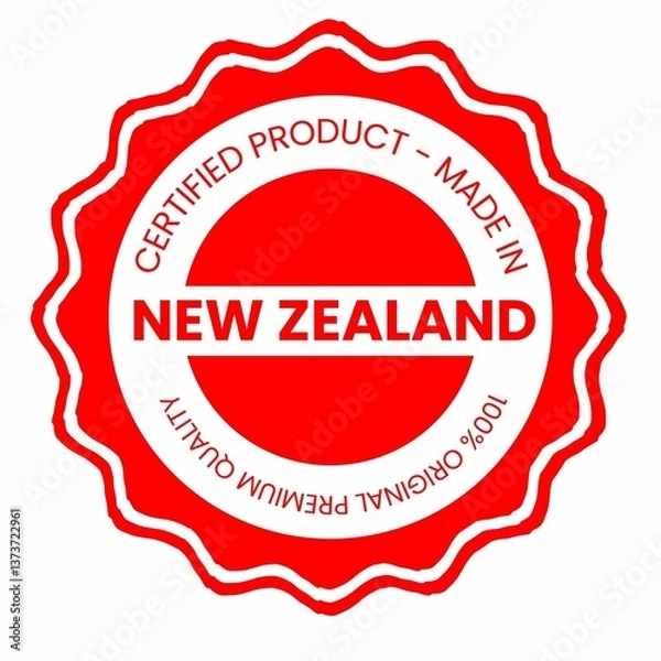 Obraz This is a pixel design illustrating the concept of country stamps for certified products made in New Zealand, symbolizing authenticity, quality assurance, and national branding.