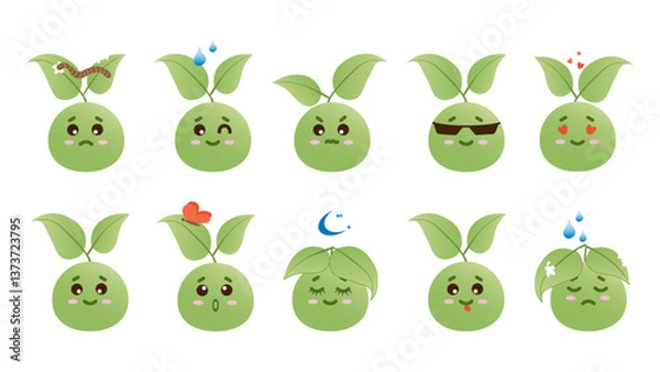 Obraz Set of funny green sprouts faces with different emotions.