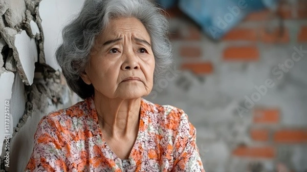 Fototapeta sadness after tremor through emotion and silence Elderly woman lost in thought, looking pensive. grief storytelling post-disaster