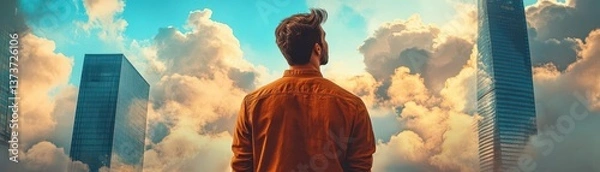 Fototapeta Man Standing Against Dramatic Sky and Modern Cityscape Background