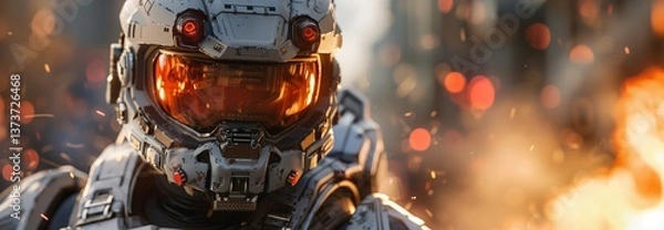 Fototapeta Futuristic soldier in advanced armor, surrounded by smoke and fire, embodying the essence of modern warfare and technology.