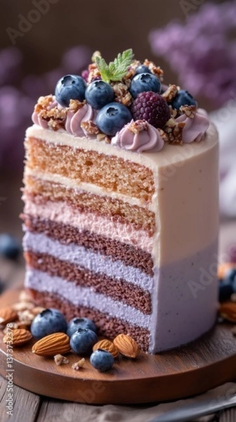 Obraz Layered blueberry cake with icing, berries and nuts on wooden board with purple background